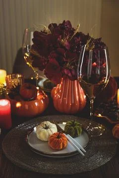 Thanksgiving Table Setting With Mini Pumpkins And Wine Glass Ready For Dinner Stock Photos