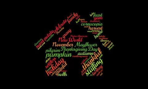 Thanksgiving text cloud in the shape of a house Illustrazione stock
