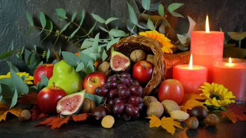 Thanksgiving traditional cornucopia table setting centerpiece close up. Stock Footage 116448407