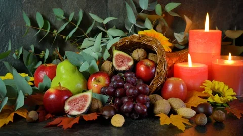 Thanksgiving traditional cornucopia table setting centerpiece close up. Stock Footage 116450116