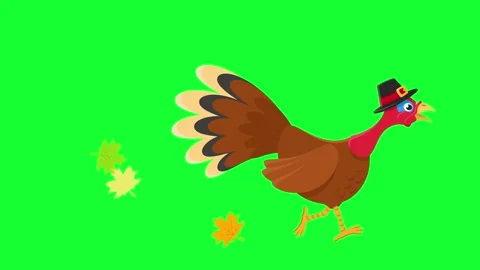 Thanksgiving turkey in hat running and autumn leaves flying out from under his p Stock Footage 284945813