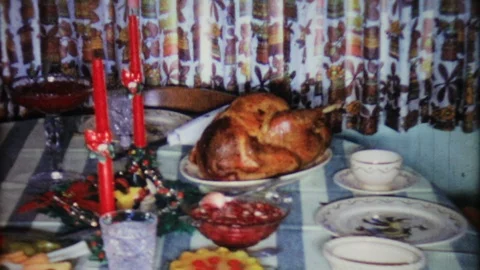 Thanksgiving turkey on table ready for family 1950s vintage film home movie 4779 Stock Footage