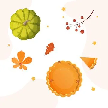 Thanksgiving vector illustration set, pumpkin, pie and leaves Illustrazione stock