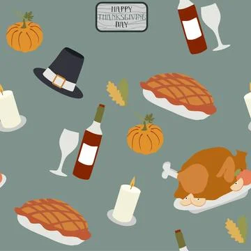 Thanksgiving Vector seamless pattern with Holiday dinner food on grey for w.. Illustrazione stock