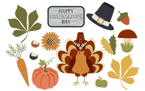 Thanksgiving Vector set of Autumn elements with Turkey, cartoon Pumpkin, Carr Stock Illustration