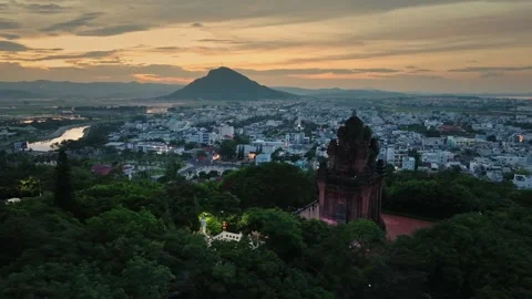 Thap Nhan Tower overlooking Tuy Hoa city at sunset Stock Footage 337356006