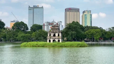 Thap Rua Tower (Turtle tower) in Hoan Kiem Lake, Hanoi, Vietnam 4K Stock Footage 245912529