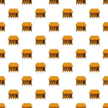 Thatched hut bungalow seamless pattern on white background Stock Illustration