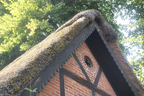 Thatched triangular roof of red brick building under lush green tree 스톡 사진