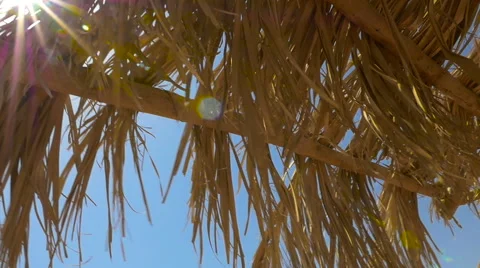 Thatched umbrella on the beach. Close-up. HD Stock Footage 67238026