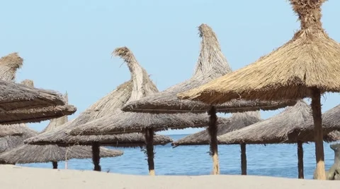 Thatched Umbrellas on Beach Stock Footage 51015784