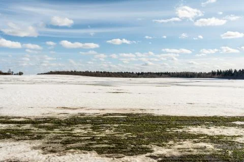 Thawed patch on the field, snowy outdoor soccer field in spring low season Stock Photos