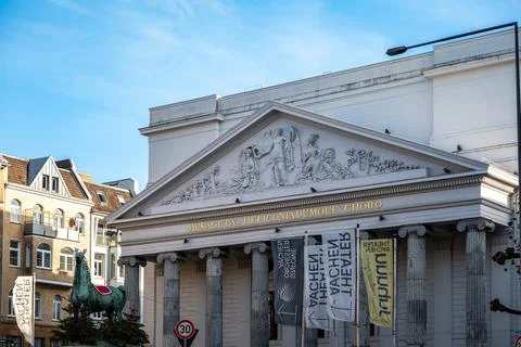 Theater Aachen facade with classical columns under clear winter sky Stock Photos