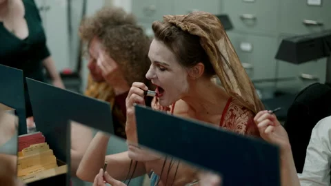 Theater Artists Applying Makeup Backstage Stock Footage 258672945