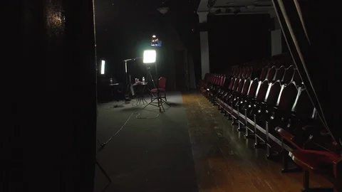 Theater backstage interview movie film set behind the scenes in empty theatre Stock Footage