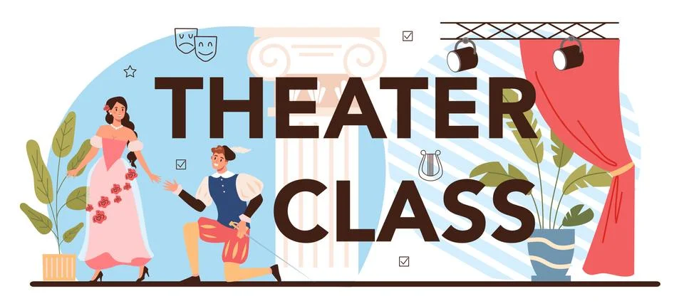 Theater class typographic header. Students playing roles in a school play. Stock Illustration
