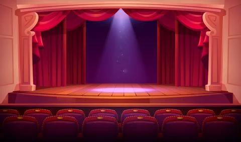 Theater empty stage with red curtains, spotlights Stock Illustration