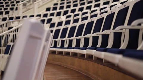 Theater hall. Rows comfortable seats without people, blue velvet chairs Stock Footage 313067607