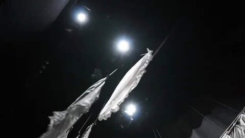 Theater lights ramp ceiling decorations white drapper back stage theatrical Stock Footage 126043923