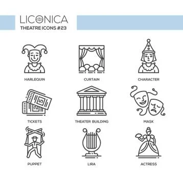 Theater- modern color vector single line design icons set Stock Illustration