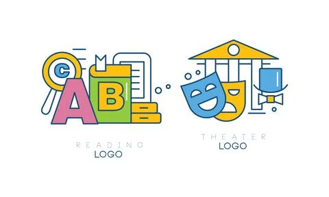 Theater, Reading Logo Template Design Set Outline Vector Illustration Stock Illustration