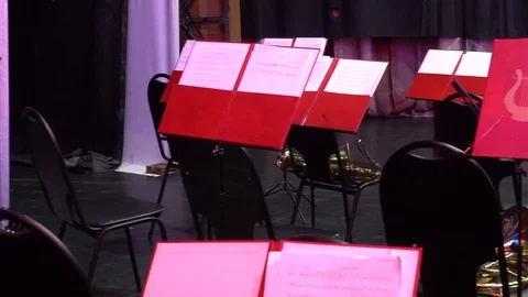 Theater scene before the performance. Musical instruments are waiting for the Video stock 106080829