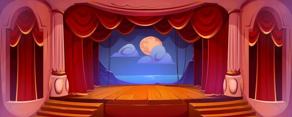 Theater stage with red curtains, columns, backdrop Stock Illustration