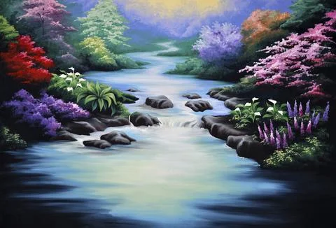 Theatre backdrop featuring forest and stream Stock Illustration