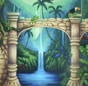 Theatre backdrop featuring a rainforest and overgrown buildings Ilustración de archivo
