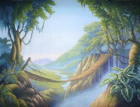 Theatre backdrop featuring a swinging bridge in a forsaken jungle Stock Illustration