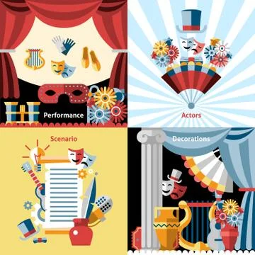 Theatre flat icon set Stock Illustration