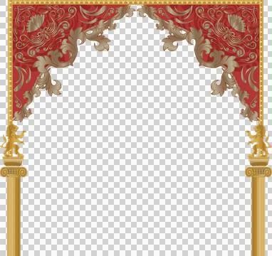 Theatre frame flat design showcasing lion sculptures and red swag on transparent Stockillustratie