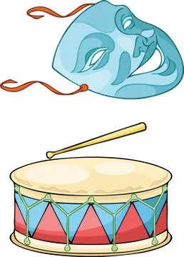 Theatrical mask and drum on separate layers Stock Illustration