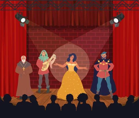 Theatrical performance. Actors performing on stage, vector illustration. Comedy Stock Illustration