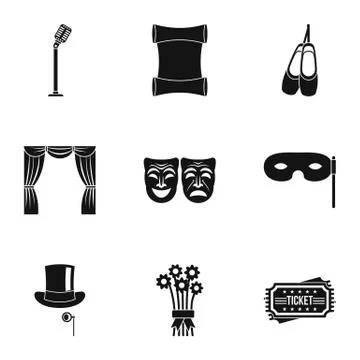 Theatrical performance icons set, simple style Stock Illustration