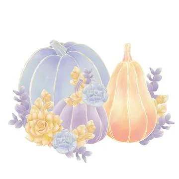 A thematic composition of decorative pumpkins, twigs and succulent flowers, p Stock Illustration