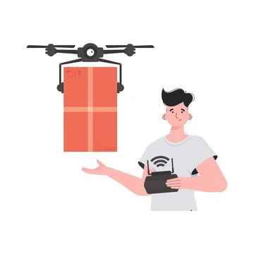 The theme of cargo delivery by air. A man controls a drone with a package. .. Stock Illustration