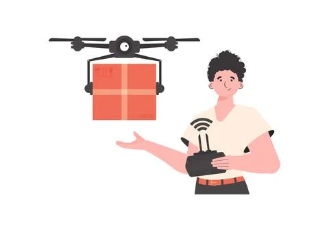 The theme of cargo delivery by air. A man controls a drone with a package. .. Stock Illustration