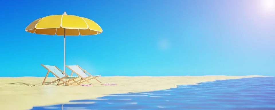 Theme concept, time to relax. Chaise lounge with umbrella on the sandy shor.. Stockillustratie