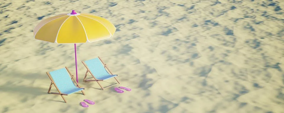 Theme concept, time to relax. Chaise lounge with umbrella on the sandy shor.. Illustrazione stock