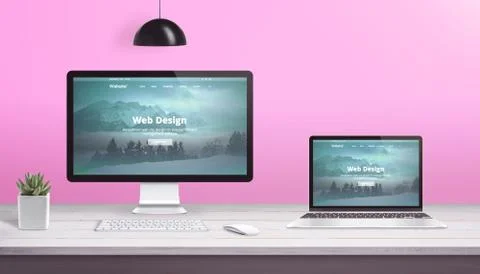 Theme design studio concept with computer display and laptop with flat design Stock Photos