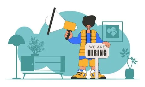 The theme is Human Resource. The man is holding a megaphone. Stock Illustration