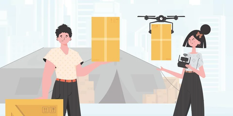 The theme of humanitarian aid. The drone is transporting the parcel. Man an.. Stock Illustration
