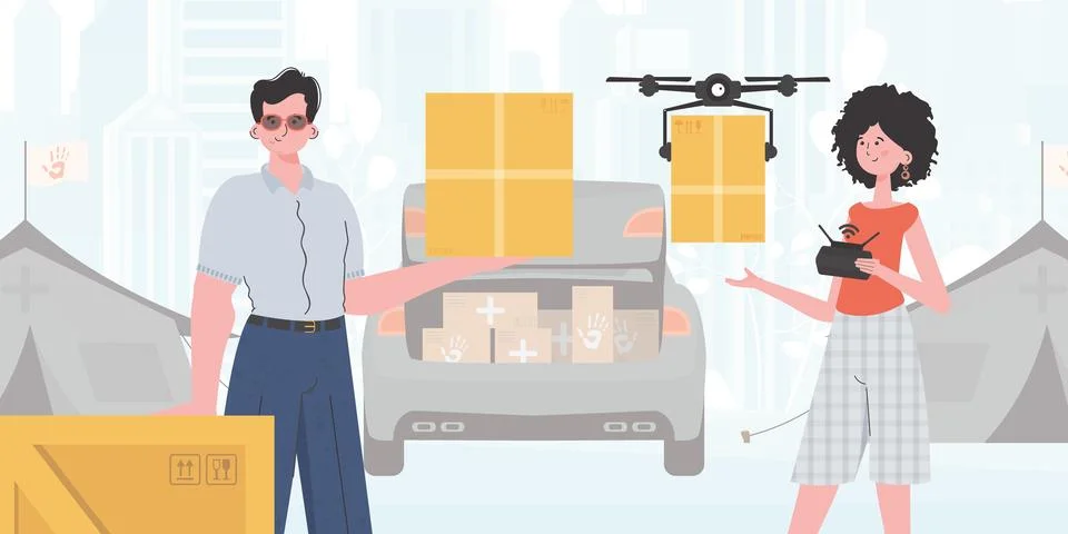 The theme of humanitarian aid. The drone is transporting the parcel. Man an.. Stock Illustration