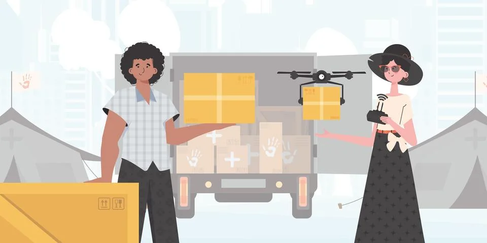 The theme of humanitarian aid. The drone is transporting the parcel. Man an.. Stock Illustration