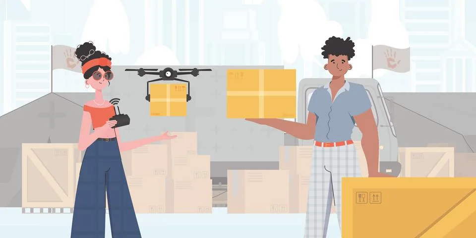 The theme of humanitarian aid. The drone is transporting the parcel. Man an.. Stock Illustration
