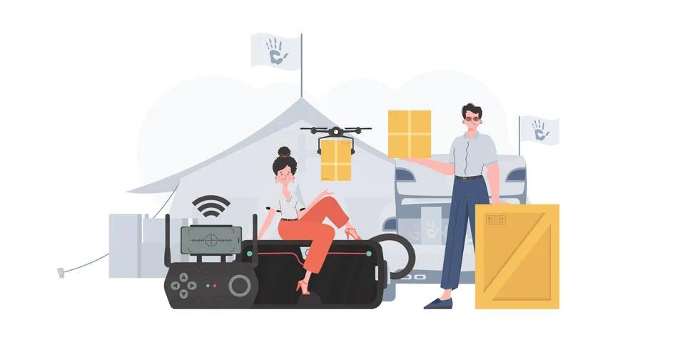 The theme of humanitarian aid. The drone is transporting the parcel. Man an.. Stock Illustration
