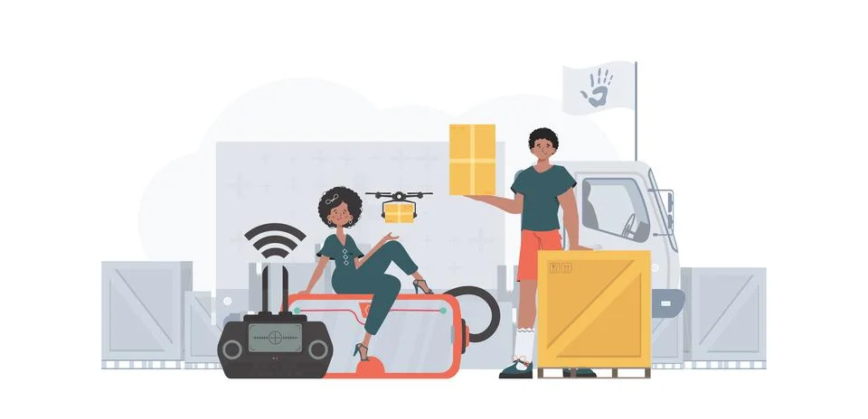 The theme of humanitarian aid. The drone is transporting the parcel. Man an.. Stock Illustration