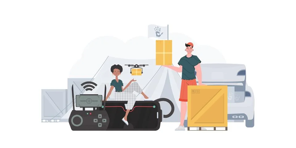 The theme of humanitarian aid. The drone is transporting the parcel. Man an.. Stock Illustration