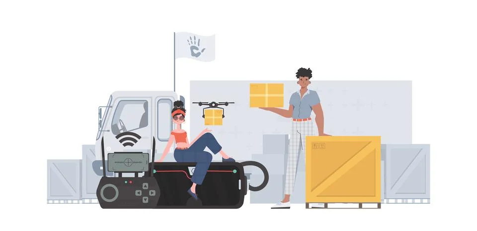 The theme of humanitarian aid. The drone is transporting the parcel. Man and  Stock Illustration
